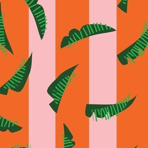 Coastal Striped Green Palm Leaves in Orange and Pink