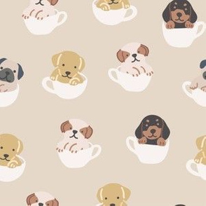 Tea cup puppies on beige/ Dog fabrics / Dog breeds