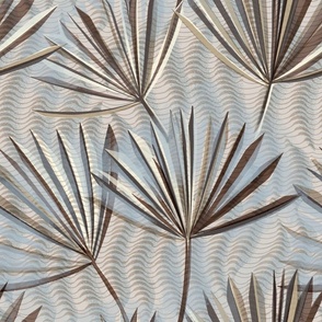 large scale Palm leaves on sand / greige blue