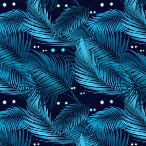 Moody Jungle: Spooky Eyes and Palm Leaves on Deep Navy