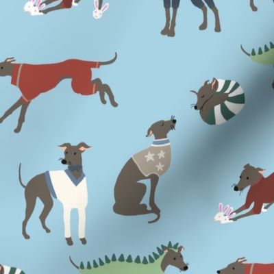 Dapper Doggos, Dressed Up Greyhounds on Sky Blue