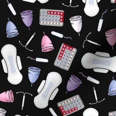 The pill, tampons, IUDs, pads and cups in black