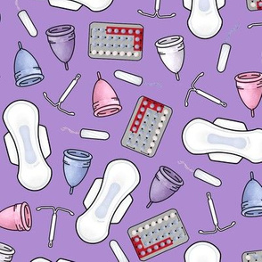 The pill, tampons, IUDs, pads and cups in purple
