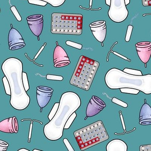 The pill, tampons, IUDs, pads and cups in scrubs teal