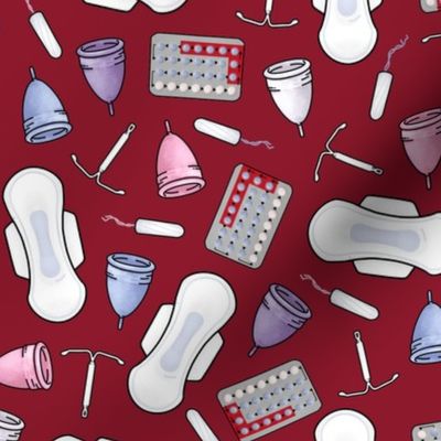 The pill, tampons, IUDs, pads and cups in  blood red