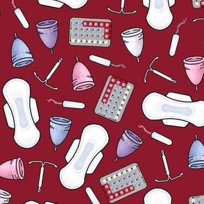 The pill, tampons, IUDs, pads and cups in  blood red