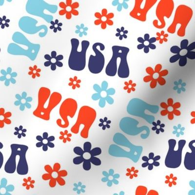 USA Groovy floral fabric - summer patriotic July 4 design 