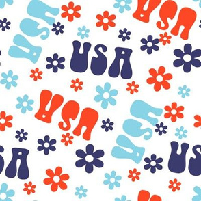 USA Groovy floral fabric - summer patriotic July 4 design 