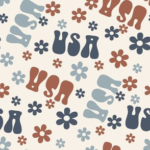 USA Groovy floral fabric - summer patriotic July 4 design muted