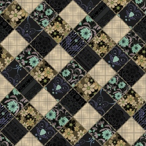 Turquoise blue black pattern made from scraps of rustic fabric