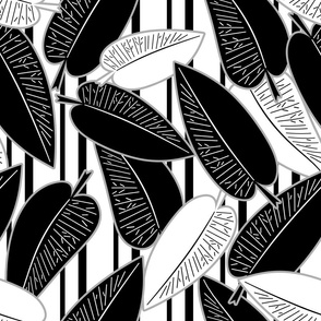 Black and white leaves on a striped background 