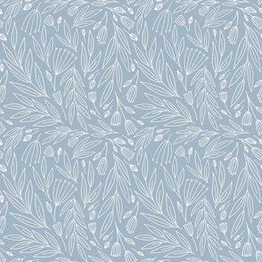 linear monochrome white floral doodle on pastel blue background
