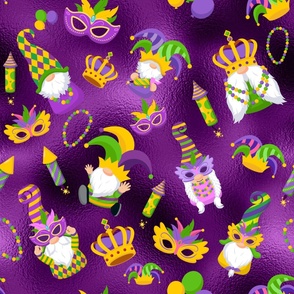 Large Mardi Gras Gnomes Beads Masks Balloons Crowns on Purple