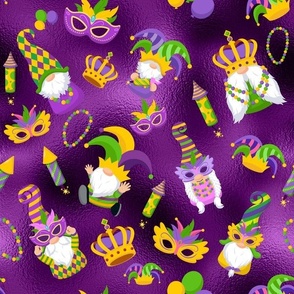 Medium Mardi Gras Gnomes Beads Masks Balloons Crowns on Purple