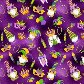 Small Mardi Gras Gnomes Beads Masks Balloons Crowns on Purple 