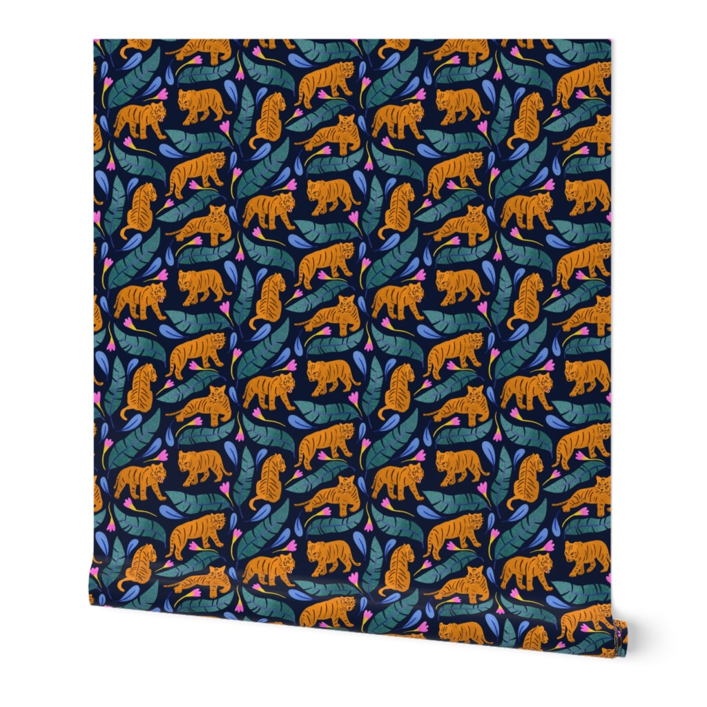 Jungle Cats on Dark Navy, pink and blue