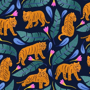 Jungle Cats on Dark Navy, pink and blue