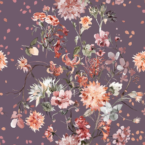 Chinoiserie floral bouquet watercolor - Violet Plum - Chinoiserie Floral Wallpaper