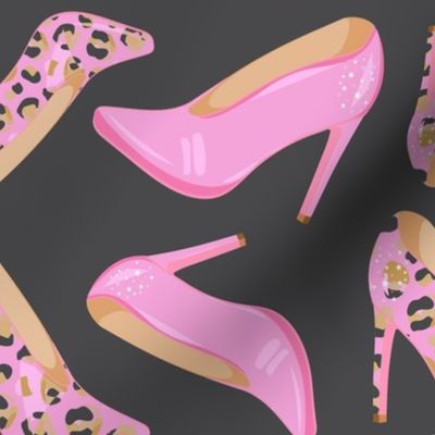 Pink high heel shoes with leopard print on black background