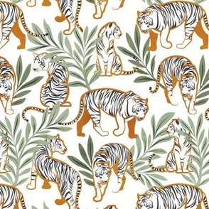 Small scale // Nouveau white tigers // white background olive green leaves orange lines white animals dark grey tiger stripes