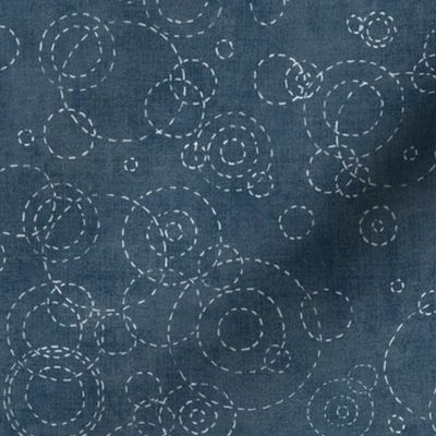 Sashiko Rain in Indigo Blue (large scale) | Raindrops, rainstorm, Japanese sashiko stitching ripples on water, fresh and calm decor in vintage blue, kantha quilt.