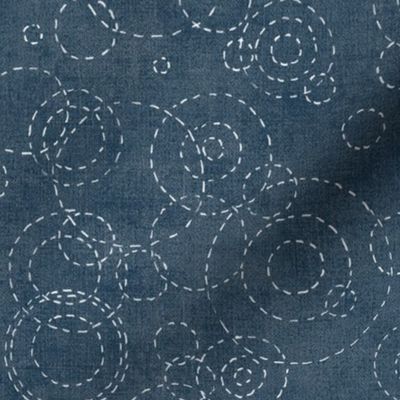Sashiko Rain in Indigo Blue (xl scale) | Raindrops, rainstorm, Japanese sashiko stitching ripples on water, fresh and calm decor in vintage blue, kantha quilt.