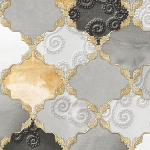 Romantic Curly Floral Moroccan Tile light grey, gold