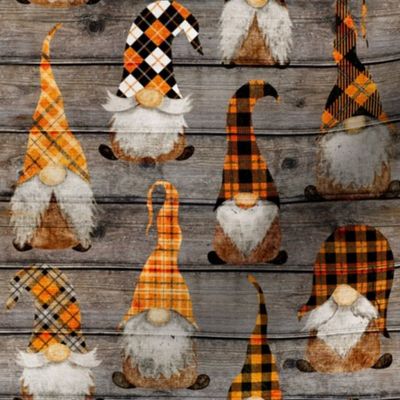 Fall Orange Plaid Gnomes on Barn wood - small scale