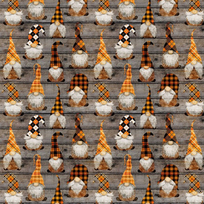 Fall Orange Plaid Gnomes on Barn wood - small scale