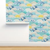 Sun and Sea- Summer Day Large- Beach Life- Blue Waves- Turquoise- Peacock- Yellow- Large Scale- Home Decor- Wallpaper- Boys