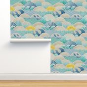 Sun and Sea- Summer Day Large- Beach Life- Blue Waves- Turquoise- Peacock- Yellow- Large Scale- Home Decor- Wallpaper- Boys