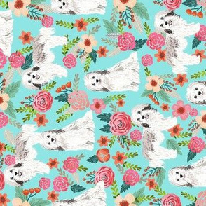 havanese floral fabric dogs and flowers design - aqua