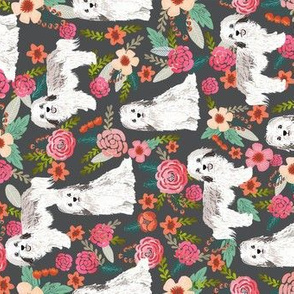 havanese floral fabric dogs and flowers design - charcoal