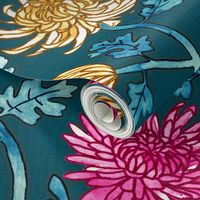 Chrysanthemum Watercolor & Pen Pattern - Navy - Large Scale