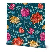 Chrysanthemum Watercolor & Pen Pattern - Navy - Large Scale