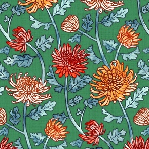 Chrysanthemum Watercolor & Pen Pattern - Kelly Green - Large Scale