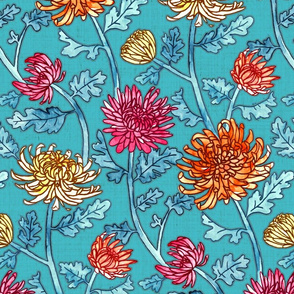 Chrysanthemum Watercolor & Pen Pattern - Blue - Large Scale