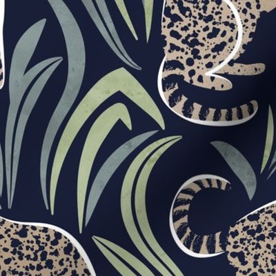 Normal scale // Love the wild fishing cat // navy blue background green vegetation greige spotted animals