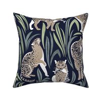 Normal scale // Love the wild fishing cat // navy blue background green vegetation greige spotted animals