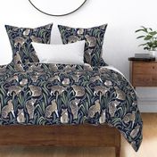 Normal scale // Love the wild fishing cat // navy blue background green vegetation greige spotted animals