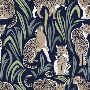 Normal scale // Love the wild fishing cat // navy blue background green vegetation greige spotted animals