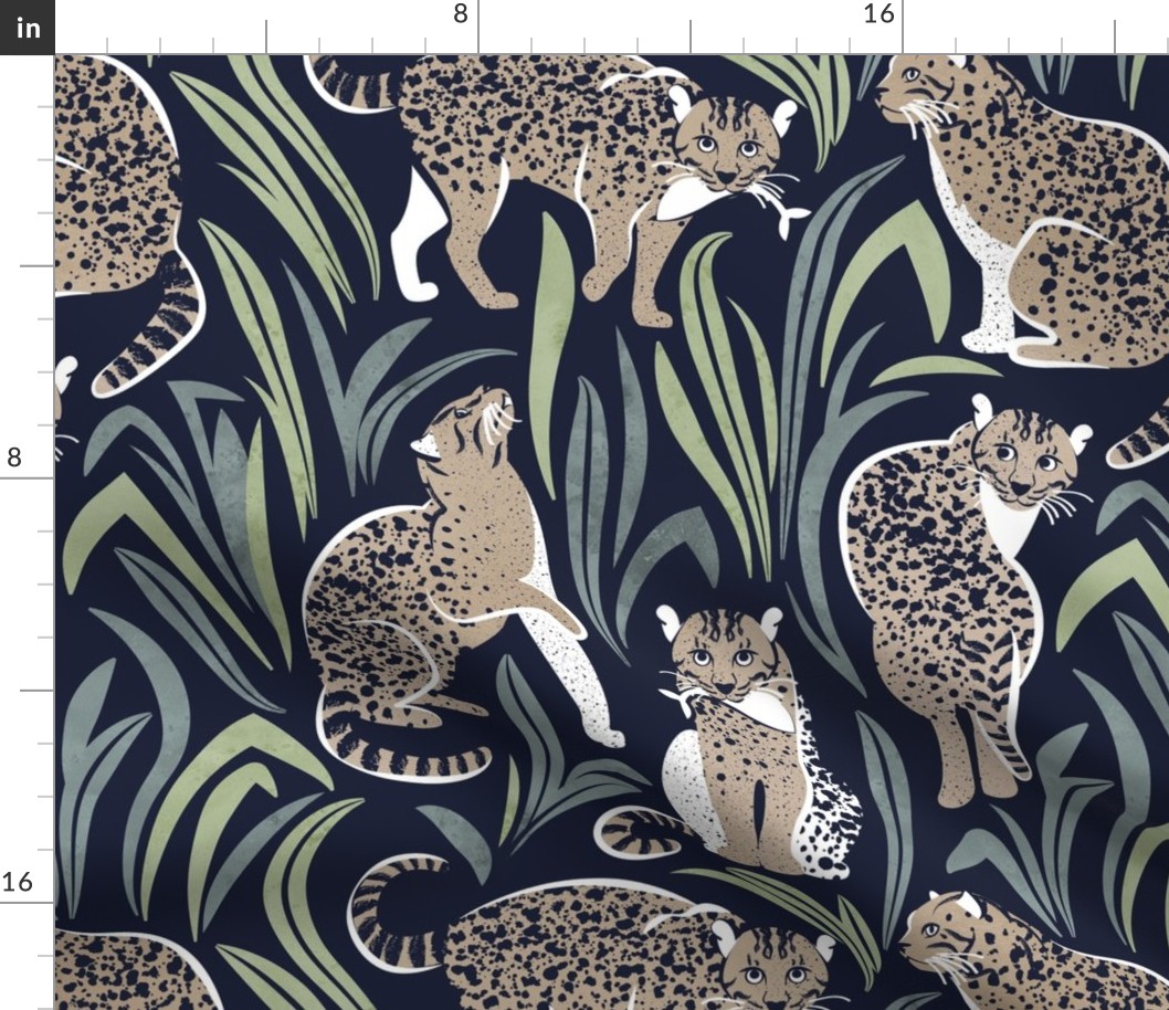 Normal scale // Love the wild fishing cat // navy blue background green vegetation greige spotted animals