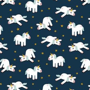 (small scale) Unicorns - splooting unicorns and stars - dark blue - LAD21