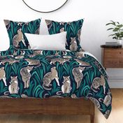 Large jumbo scale // Love the wild fishing cat // navy blue background pine and emerald green vegetation greige spotted animals