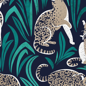 Large jumbo scale // Love the wild fishing cat // navy blue background pine and emerald green vegetation greige spotted animals