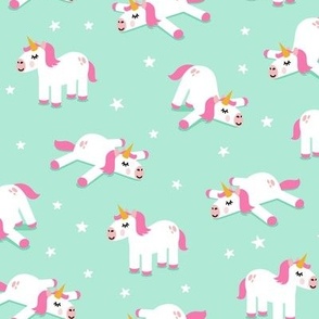 Unicorns - splooting unicorns and stars - pink/mint - LAD21