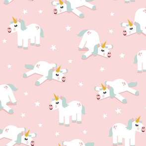 Unicorns - splooting unicorns and stars - mint on pink - LAD21