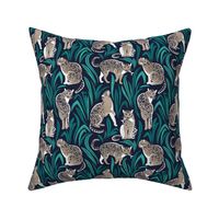 Small scale // Love the wild fishing cat // navy blue background pine and emerald green vegetation greige spotted animals