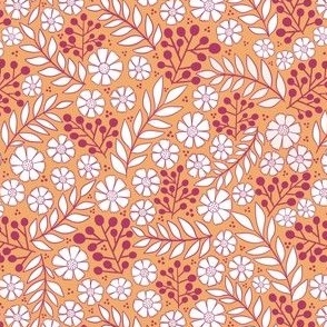 Spring summer white florals, cottagecore botanical leaves in Orange pink