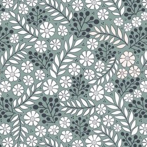 Spring summer white florals, cottagecore botanical leaves in turquoise green